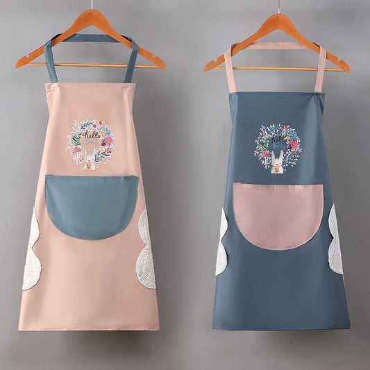 Manufacturers support printed LOGO apron wreath rabbit can wipe hands women kitchen waterproof and oil-proof apron fashionable Korean style couple